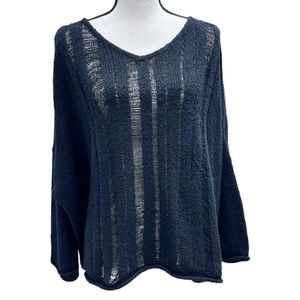 PLANET BLACK BOXY PIMA COTTON V NECK SWEATER W DISTRESSED LINES DOWN FRONT